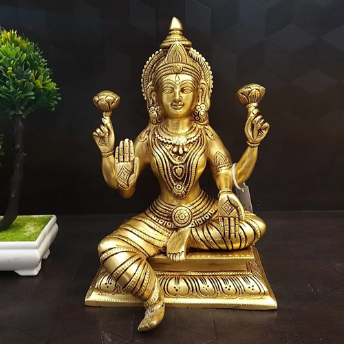 Brass Laxmi Statue For Temple - Color: Golden