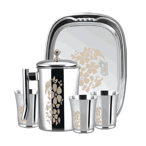 5 Pcs Stainless Steel Floral Water Jug Set With Glasses And Tray - Coating Type: Teflon