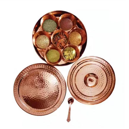 Copper Hammered Spice Box With Bowls And Spoon - Coating Type: Ceramic