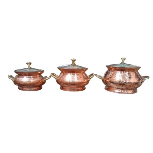 Copper Handi With Hammered Design And Glass Lid Set Of 3 - Coating Type: Ceramic