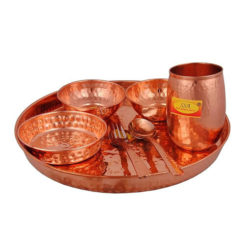 Hammered Pure Copper Dinner Thali Or Plate Set - Coating Type: Ceramic