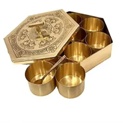 Pure Brass Hexagonal Spice Box With Lid And Spoon - Coating Type: Ptfe-Free