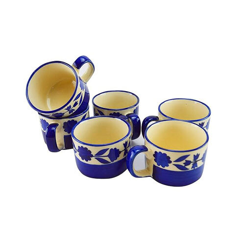 Ceramic Cup With Blue Floral Design Set Of 6 - Color: Different Available