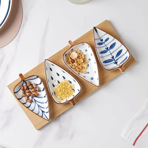 Ceramic Leaf Platter Set With Wooden Tray - Color: Different Available