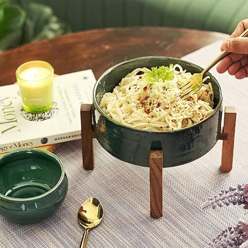 Ceramic Serving Bowl with Wooden Stand