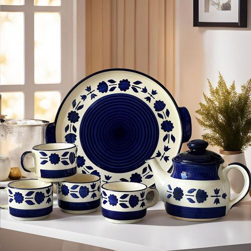 Ceramic Tea Set With 1 Kettle, 4 Cups And 1 Serving Tray