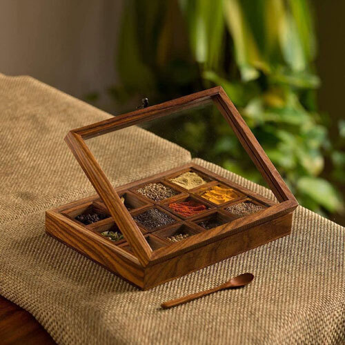 Wooden Spice Box With 12 Compartments And Spoon - Design Type: Modern