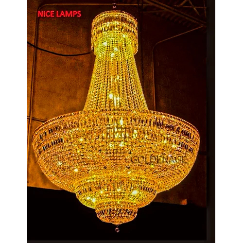 Brass Arm And Crystal Ceiling Chandelier - Color: Golden