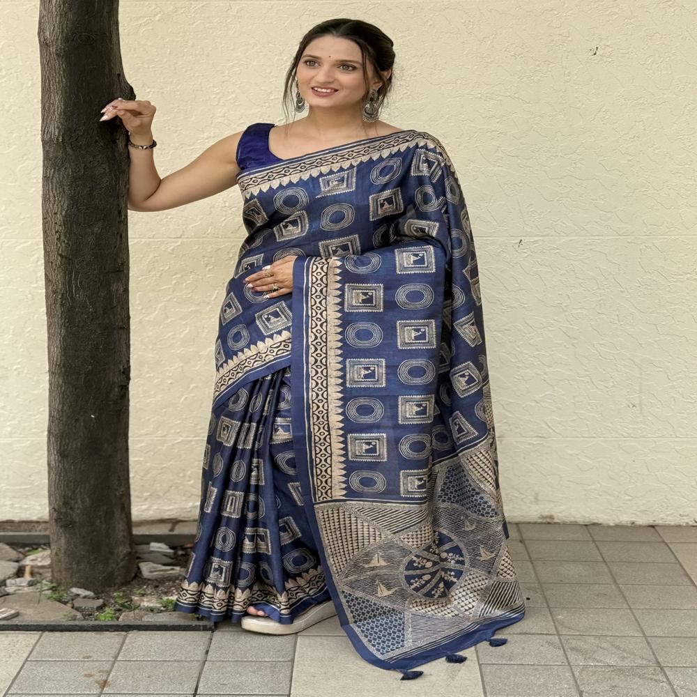 Indigo Blue Cotton Silk Saree - Design: Traditional Handblock Geometric Print