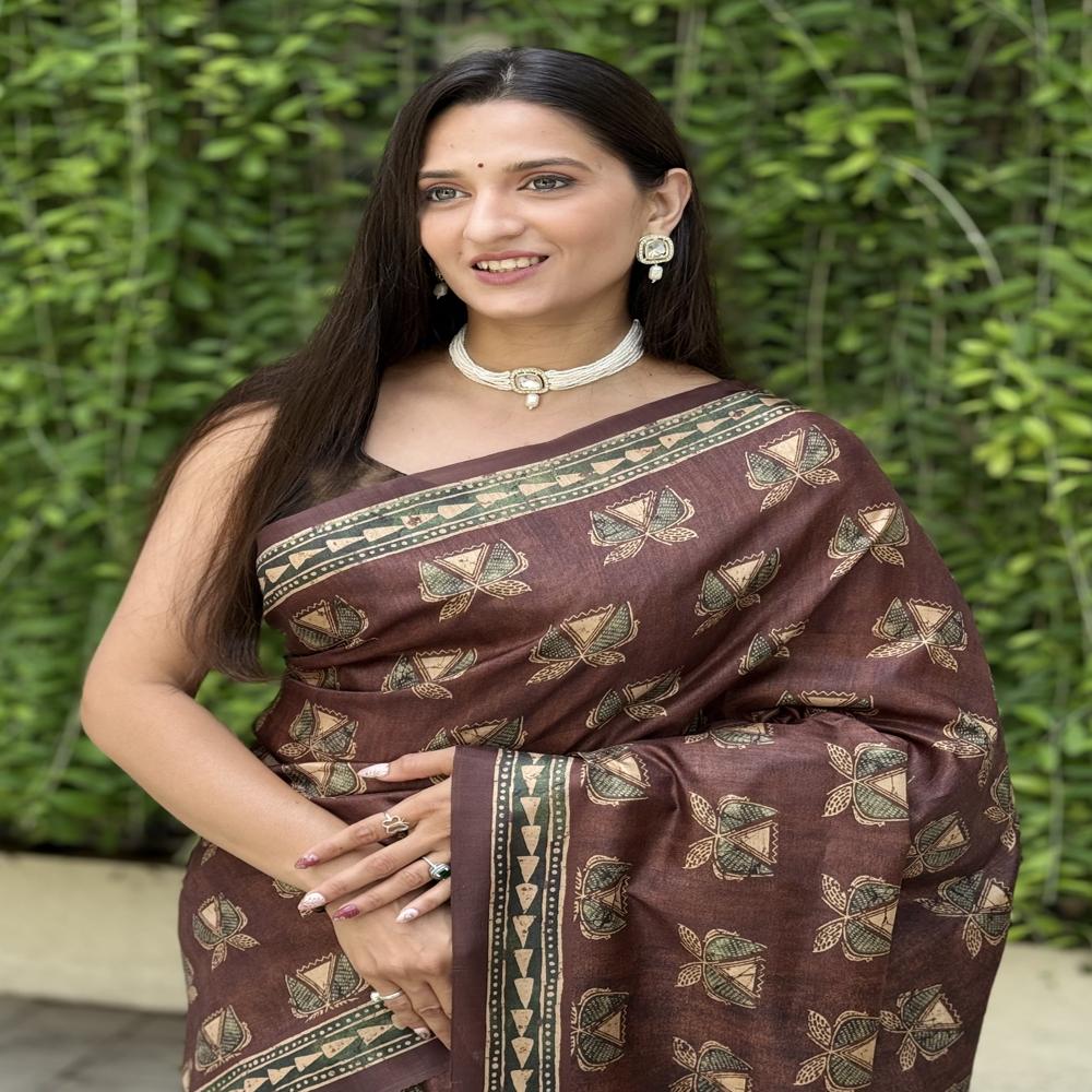 Traditional Handblock Print Saree - Color: Deep Maroon