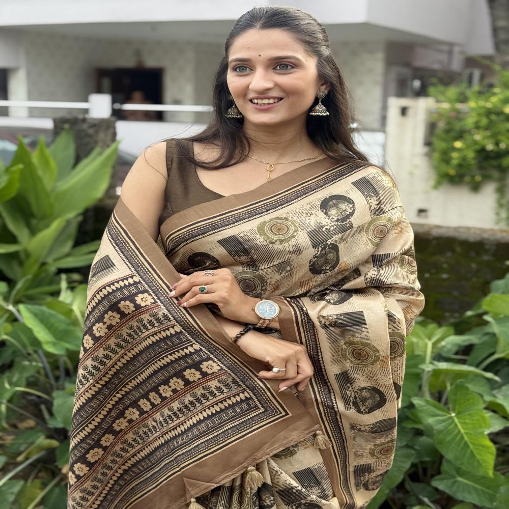 Abstract Printed Saree - Color: Beige With Multitone Brown & Black Accents
