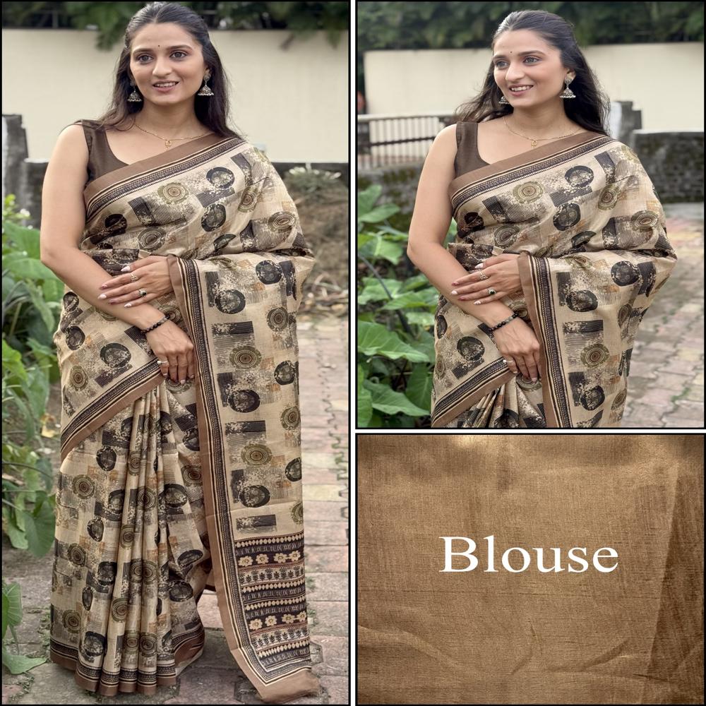 Abstract Printed Saree - Color: Beige With Multitone Brown & Black Accents