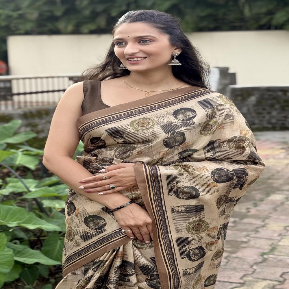 Abstract Printed Saree - Color: Beige With Multitone Brown & Black Accents