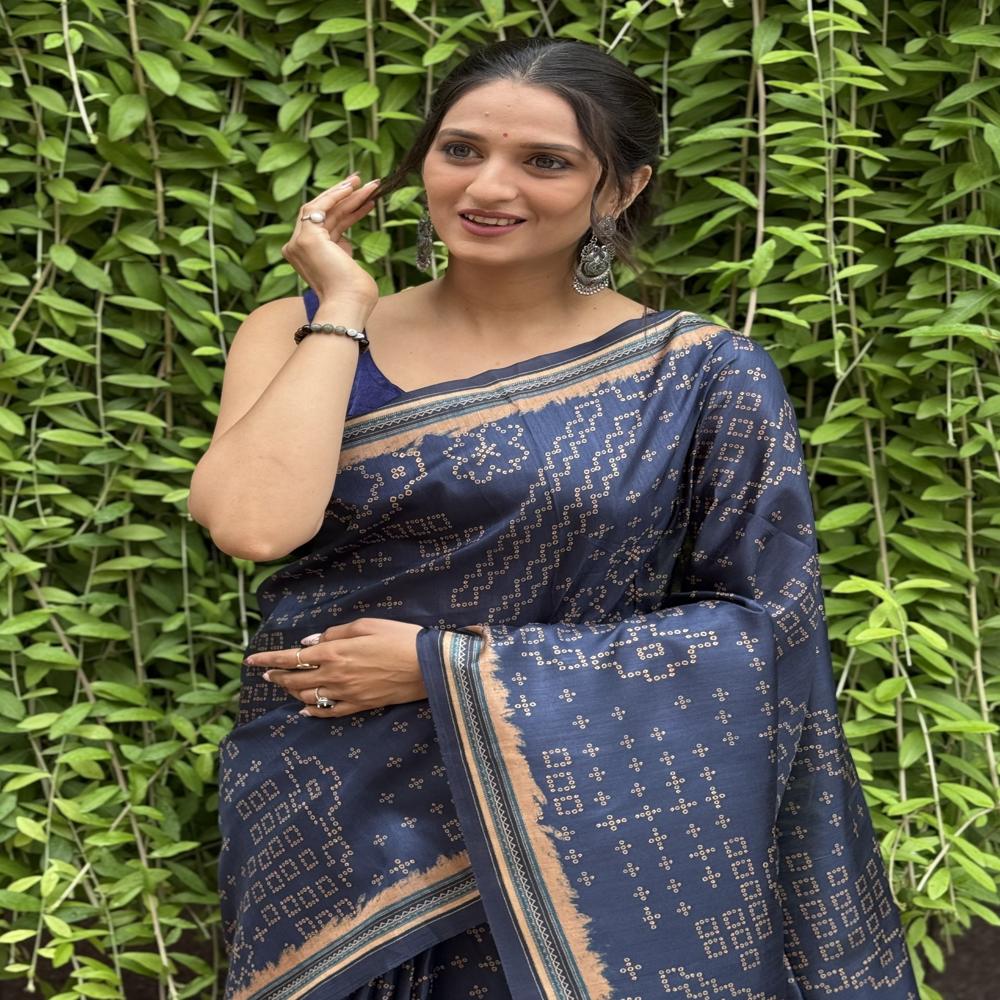 Navy Blue Bandhani-Inspired Printed Saree - Fabric Type: Art Silk