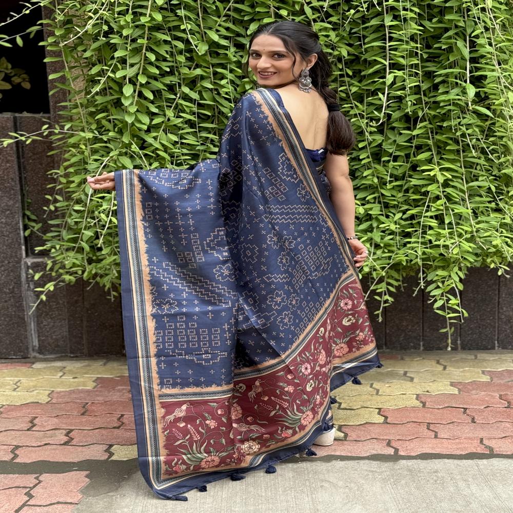 Navy Blue Bandhani-inspired Printed Saree - Fabric Type: Art Silk