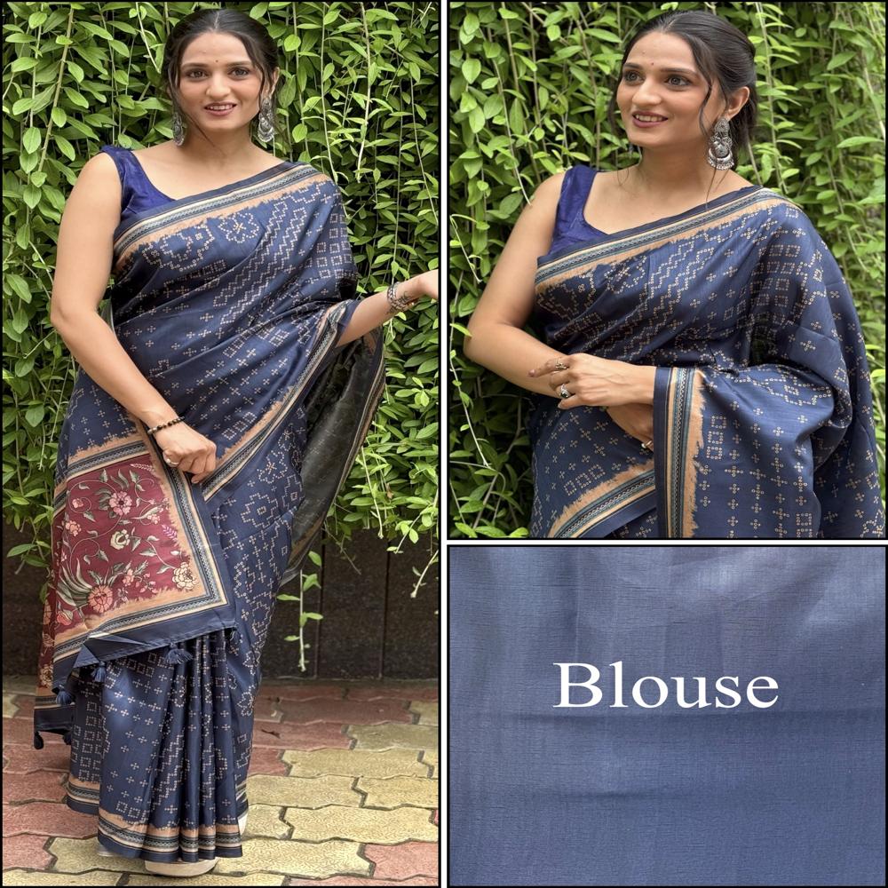 Navy Blue Bandhani-inspired Printed Saree - Fabric Type: Art Silk