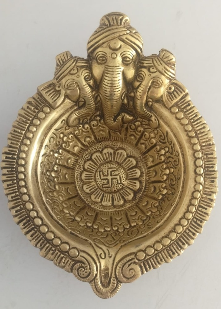 Gold Brass Ganesha Face Diya - Color: Golden