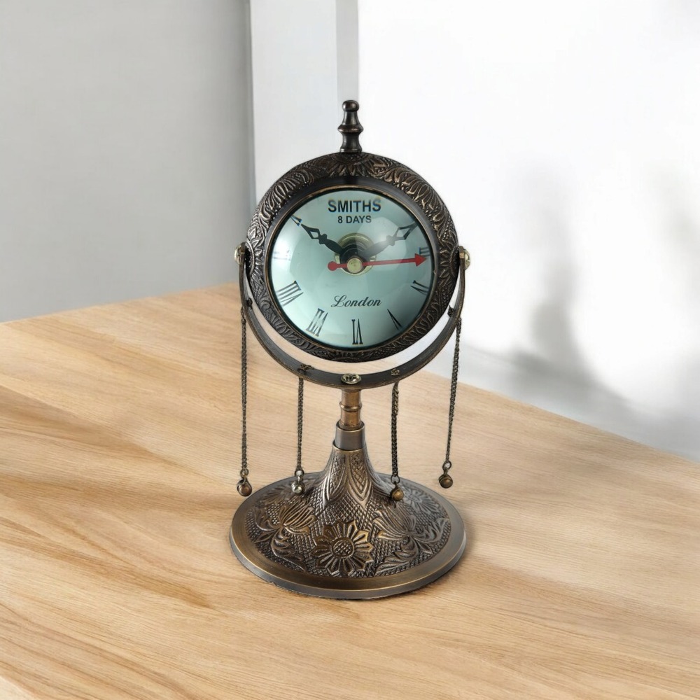 Vintage Look Antique Brass Table Clock With Ankle Bells - Features: Rust Proof
