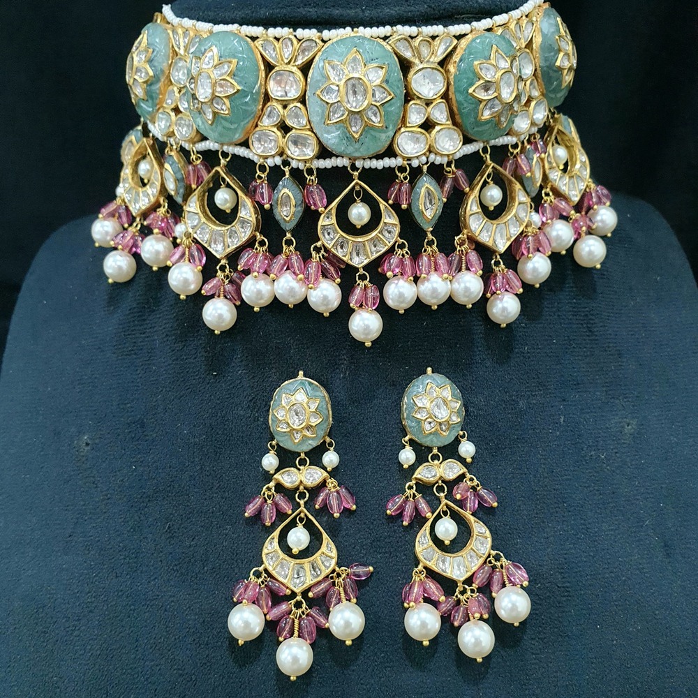 18kt Gold Green Carving Diamond Polki Set
