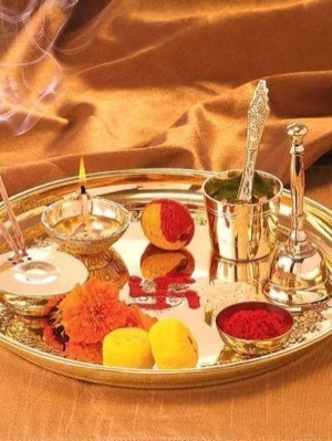 Diwali Pooja Thali Set - Color: Golden / Brass Finish