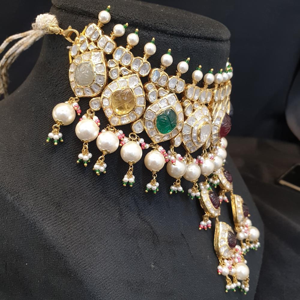 18kt Navratan Chokar Set With Real Poli Diamond - Color: Multicolour