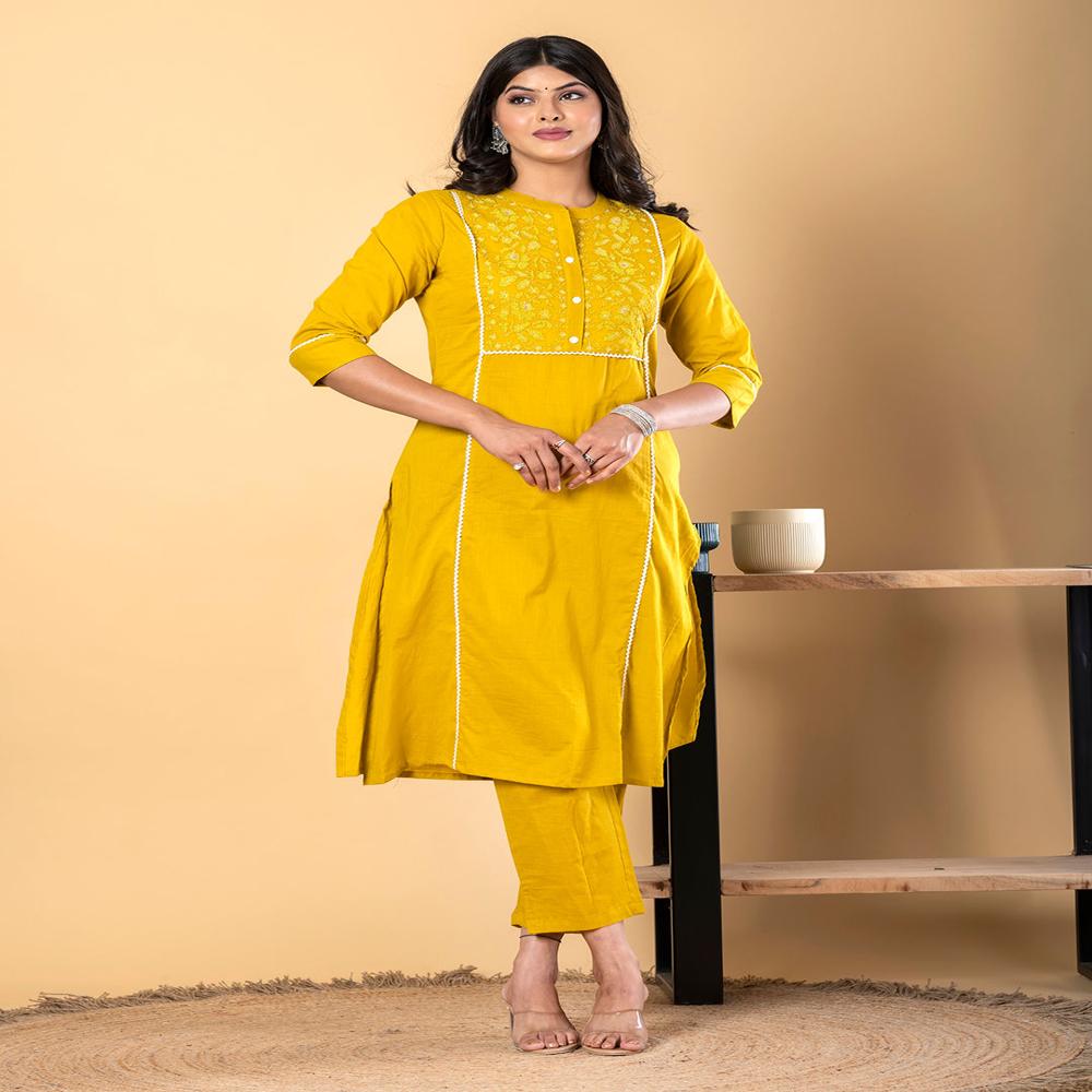 Straight Style Cotton Fabric Mustard Color Kurta And Bottom
