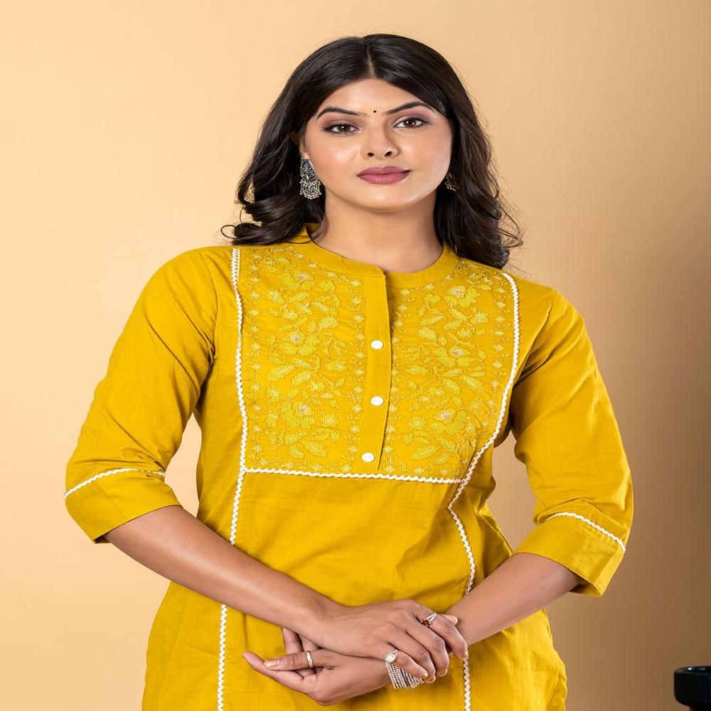Straight Style Cotton Fabric Mustard Color Kurta And Bottom