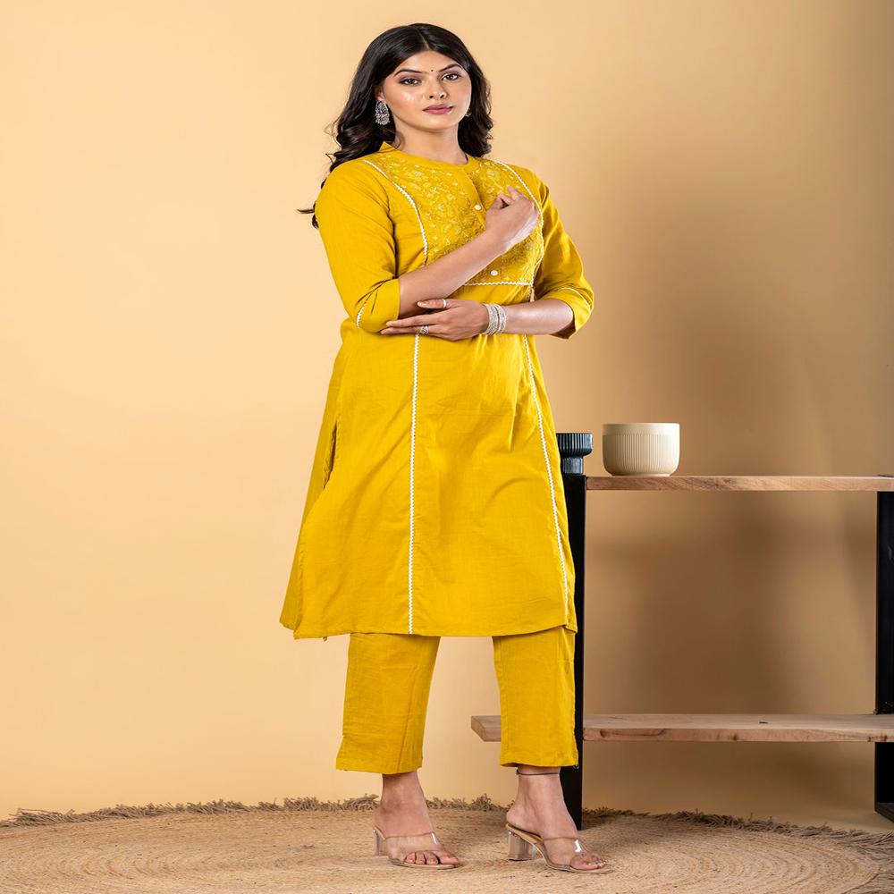 Straight Style Cotton Fabric Mustard Color Kurta And Bottom