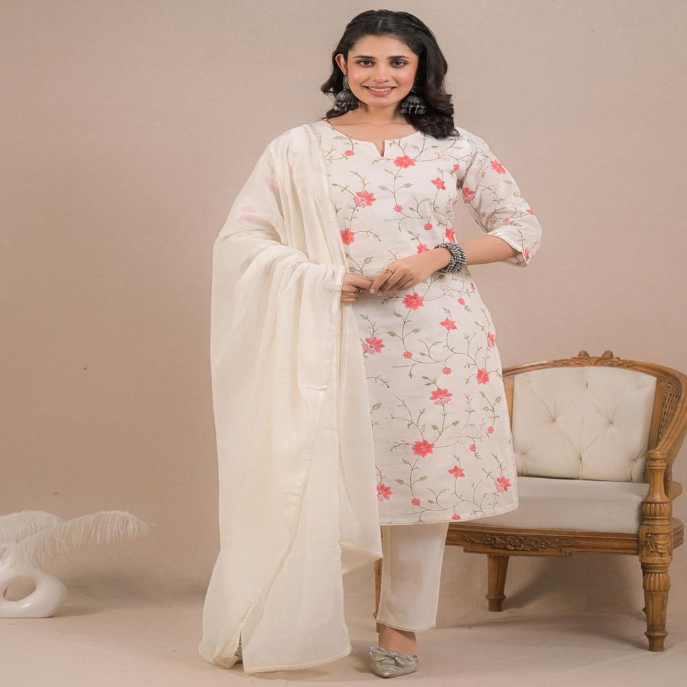 Straight Style Coton Fabric Off White Color Kurta And Bottom With Dupatta