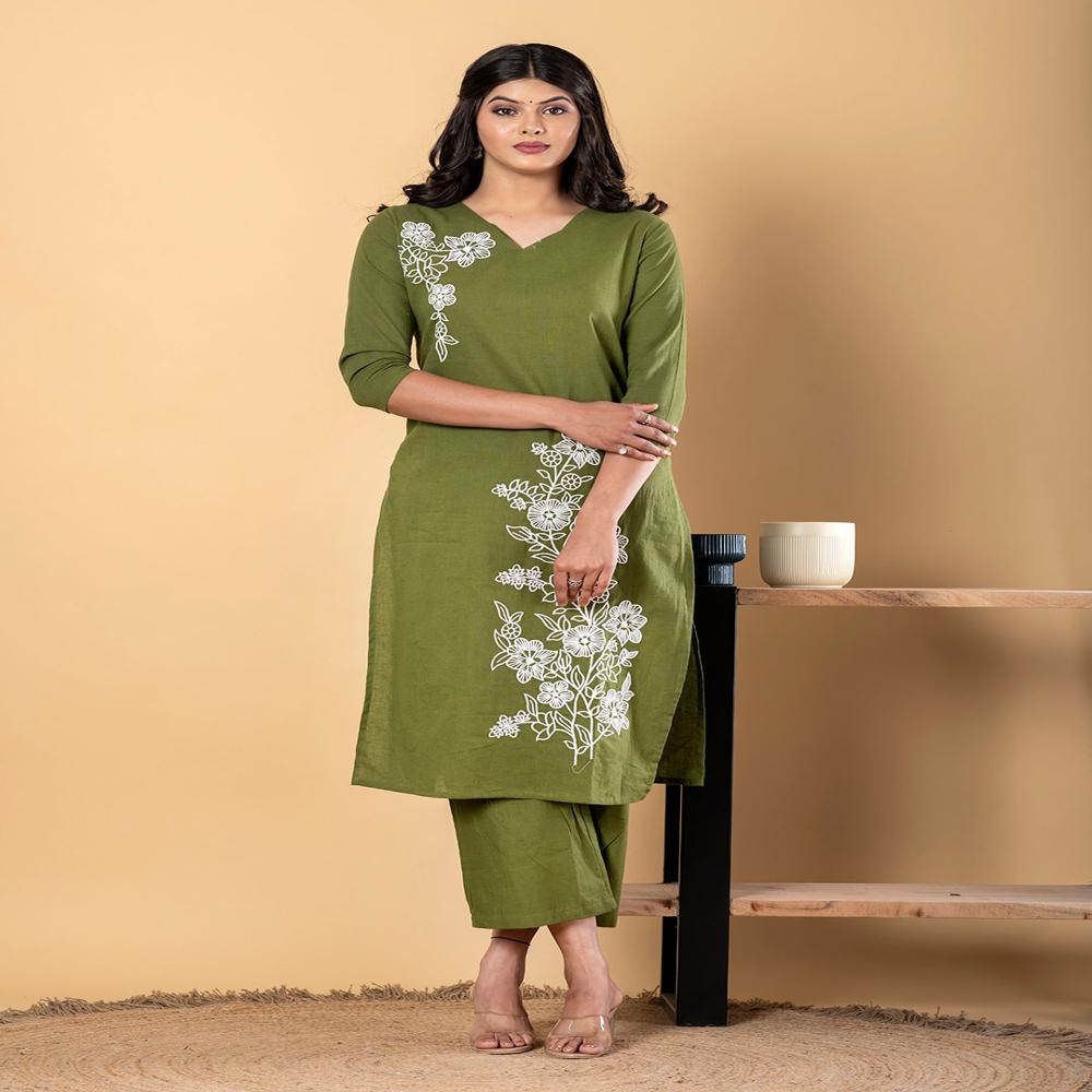 Straight Style Cotton Flex Fabric Green Color Kurta And Bottom