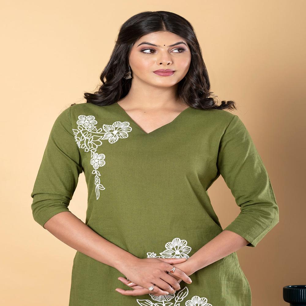 Straight Style Cotton Flex Fabric Green Color Kurta And Bottom