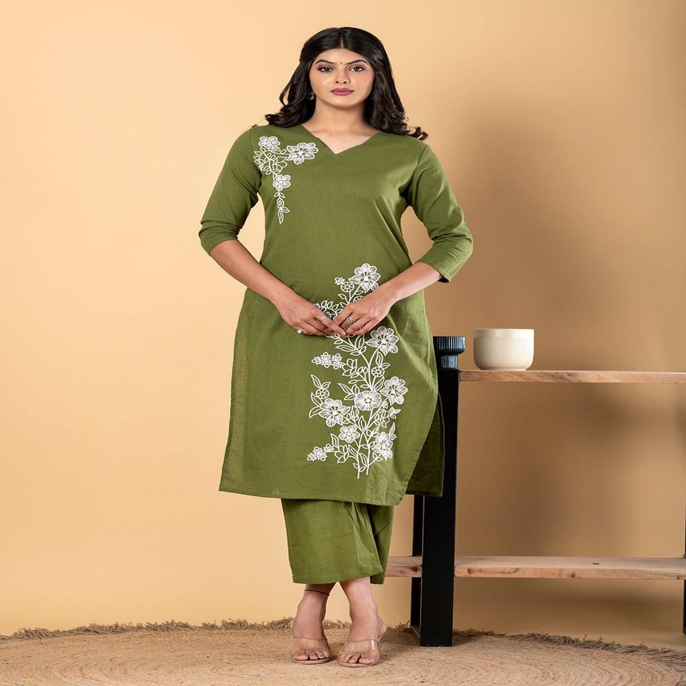 Straight Style Cotton Flex Fabric Green Color Kurta And Bottom