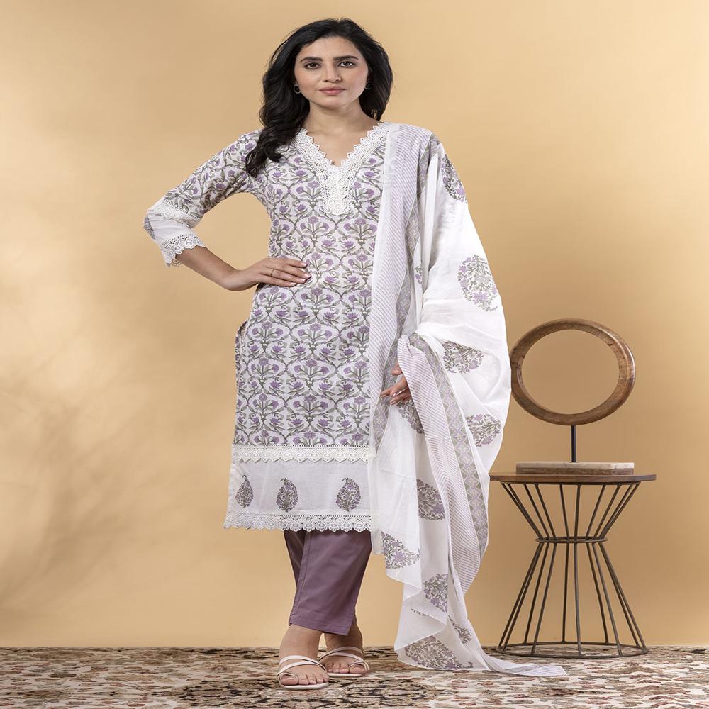 Straight Style Cotton Fabric Mauve Color Kurta And Bottom With Dupatta