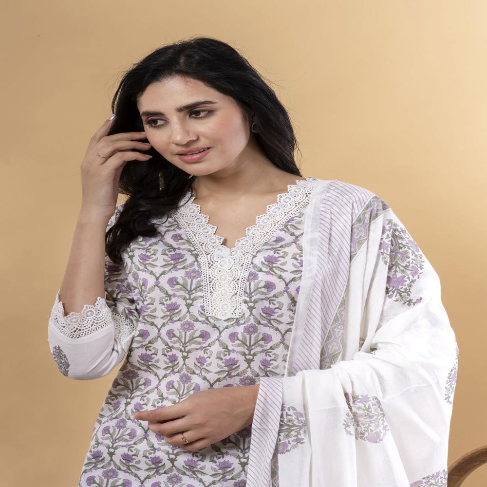 Straight Style Cotton Fabric Mauve Color Kurta And Bottom With Dupatta
