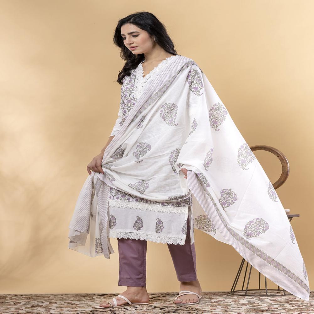 Straight Style Cotton Fabric Mauve Color Kurta And Bottom With Dupatta