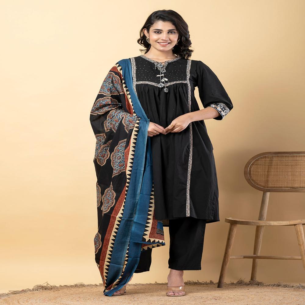 A Line Style Cotton Fabric Black Color Kurta And Bottom With Dupatta