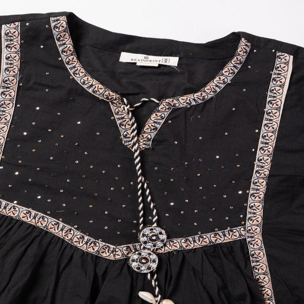 A Line Style Cotton Fabric Black Color Kurta And Bottom With Dupatta