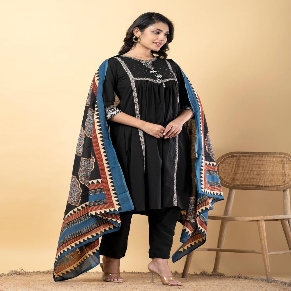 A Line Style Cotton Fabric Black Color Kurta And Bottom With Dupatta