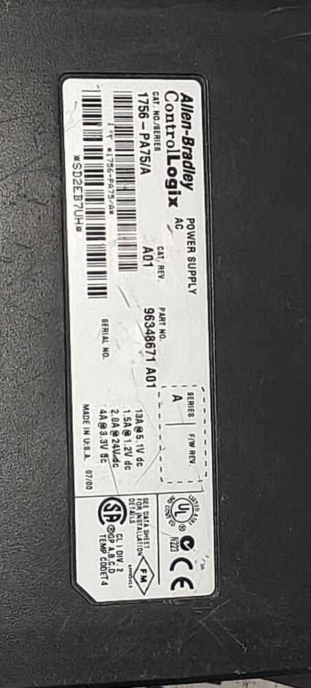 Allen Bradley 1756-pa75 - Used Modular Power Supply Unit, Designed For Reliability And Compatibility In Industrial Automation Systems