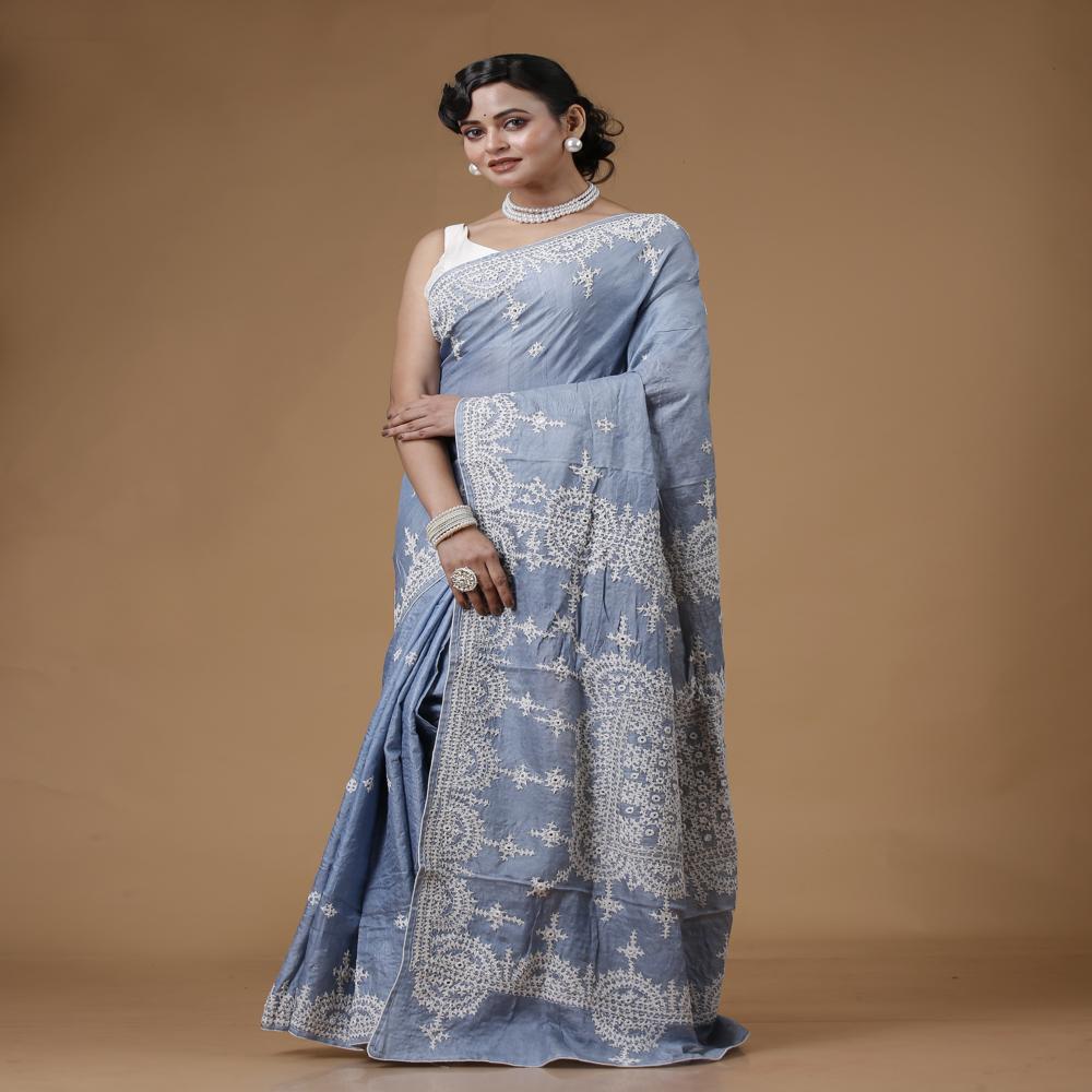 Tussar Gujrati Hand Stitch Saree - Fabric Type: Tissue