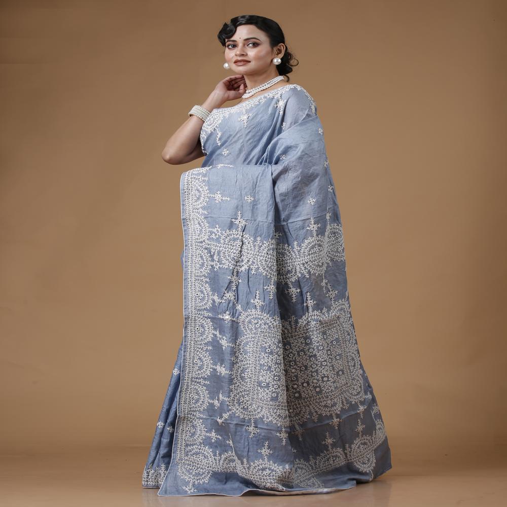 Tussar Gujrati Hand Stitch Saree - Fabric Type: Tissue