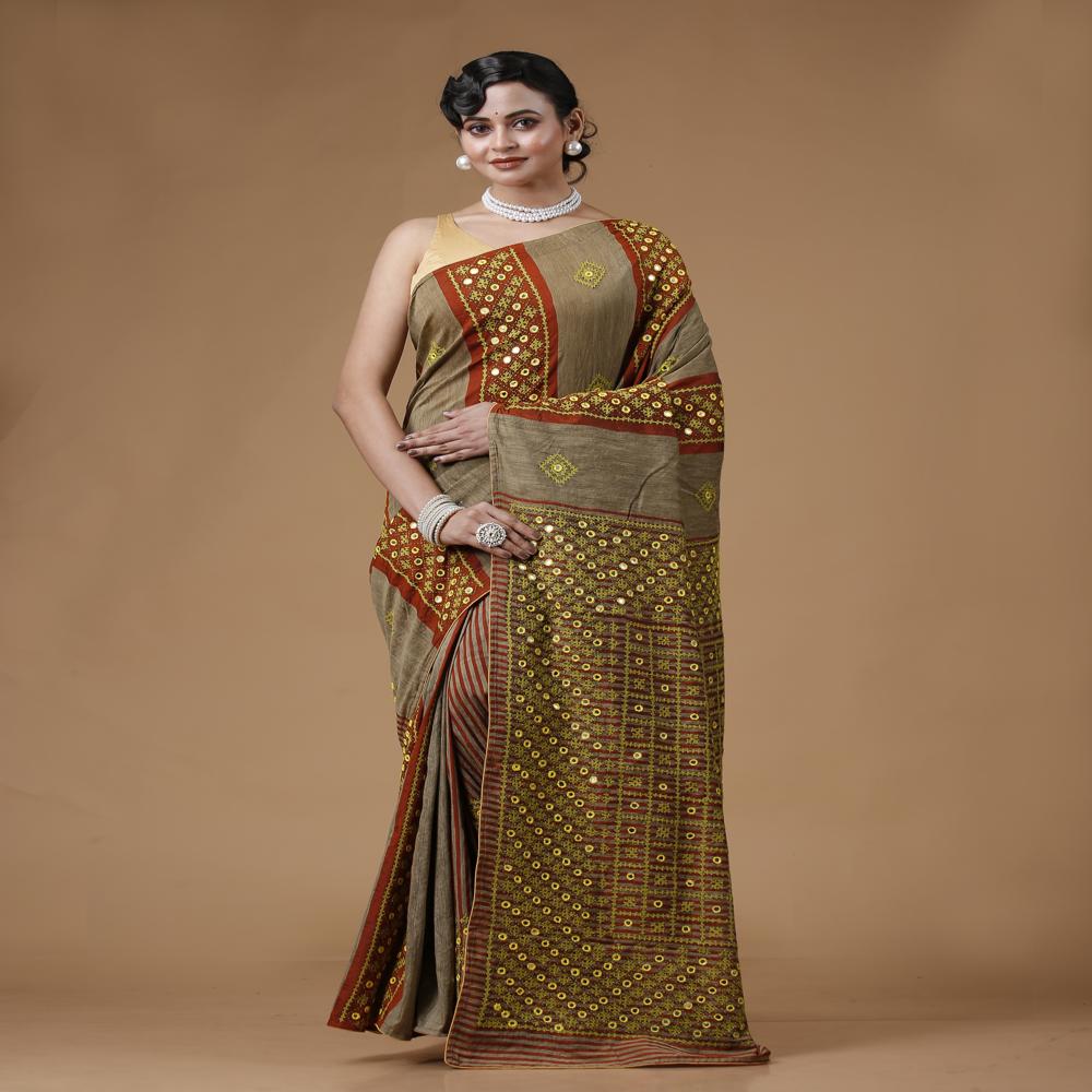Tussar Ketia Hand Embroidery Saree - Color: Multicolour