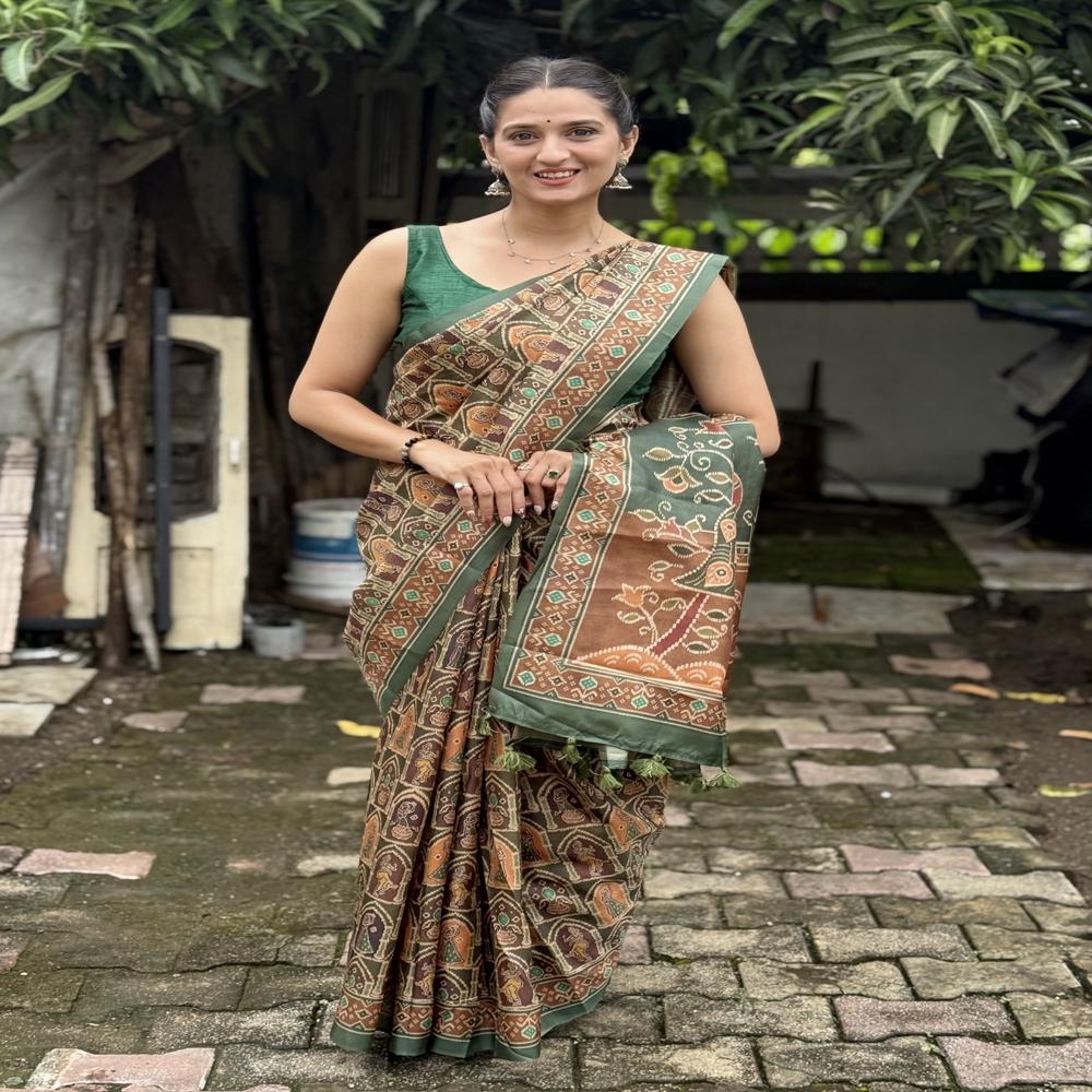  Green and Rust Tribal Printed Saree