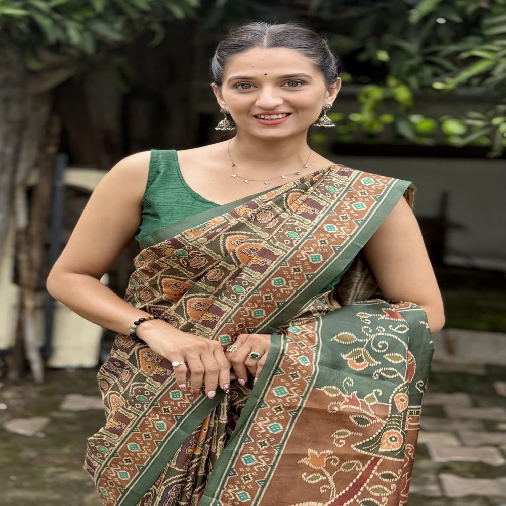  Green and Rust Tribal Printed Saree