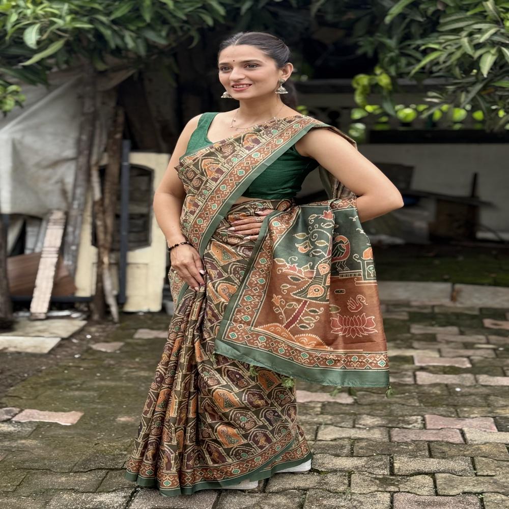  Green and Rust Tribal Printed Saree
