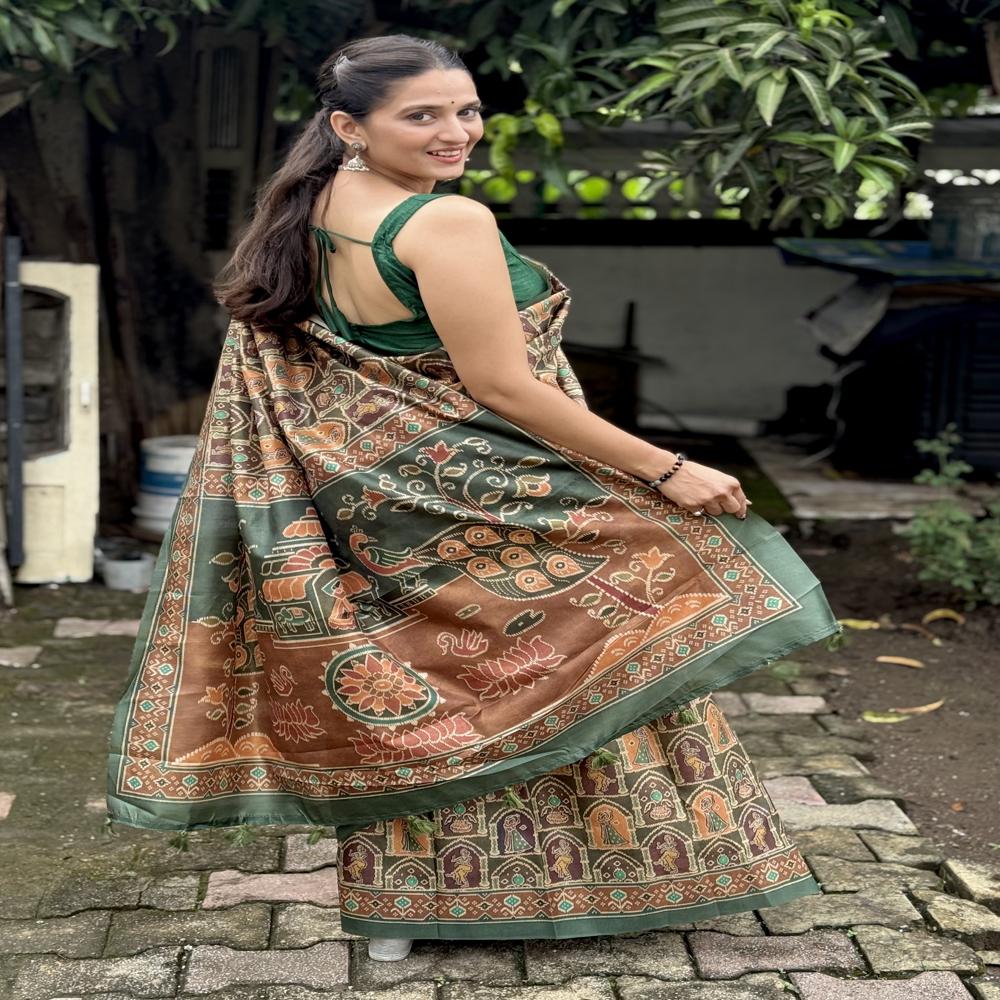  Green and Rust Tribal Printed Saree