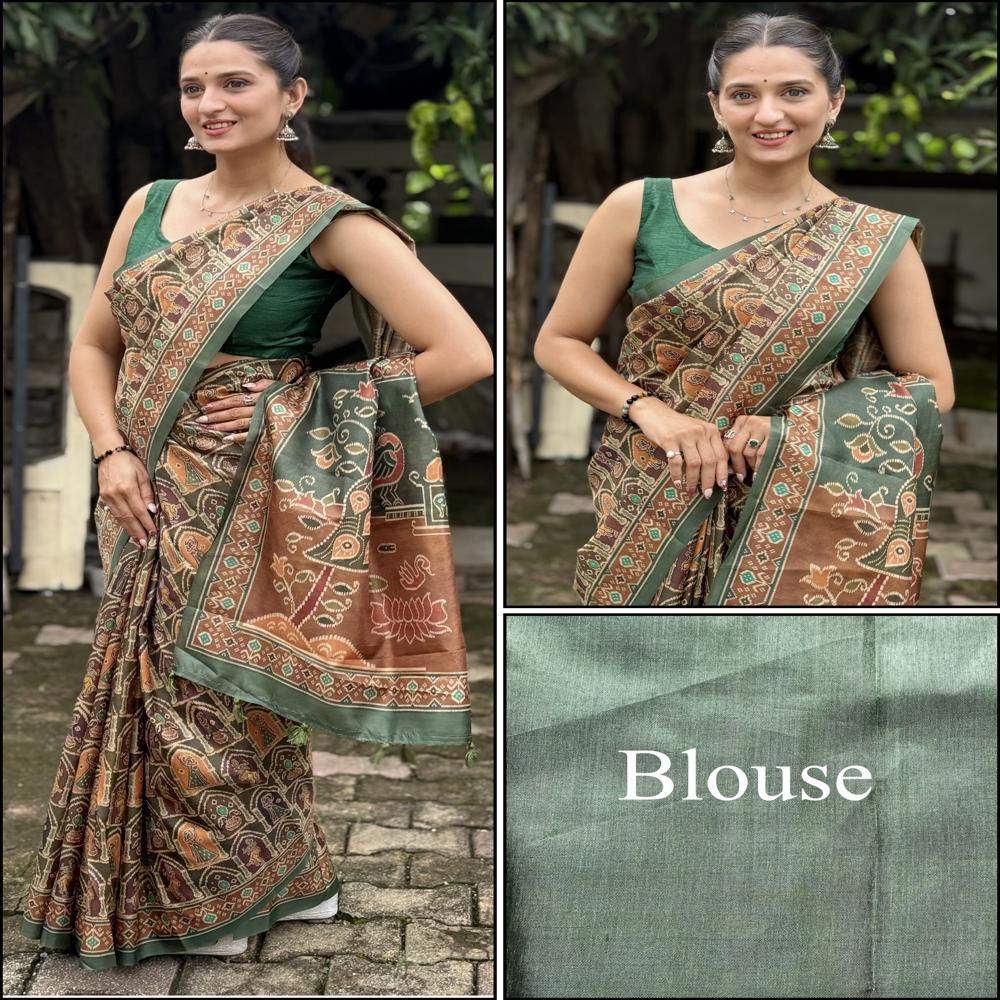  Green and Rust Tribal Printed Saree