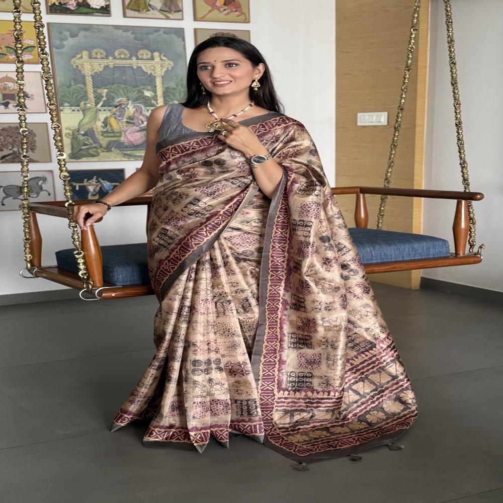 Geometric Print Office Wear Saree - Color: Beige With Maroon