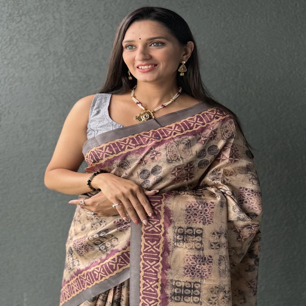 Geometric Print Office Wear Saree - Color: Beige With Maroon