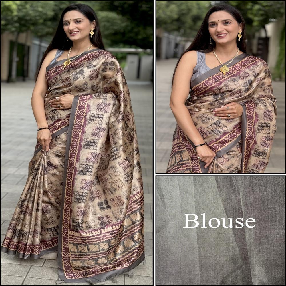 Geometric Print Office Wear Saree - Color: Beige With Maroon